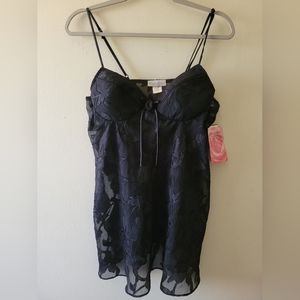 Vintage 90s Cinema Etoile Black Sheer Floral Babydoll Lingerie Slip Dress Large